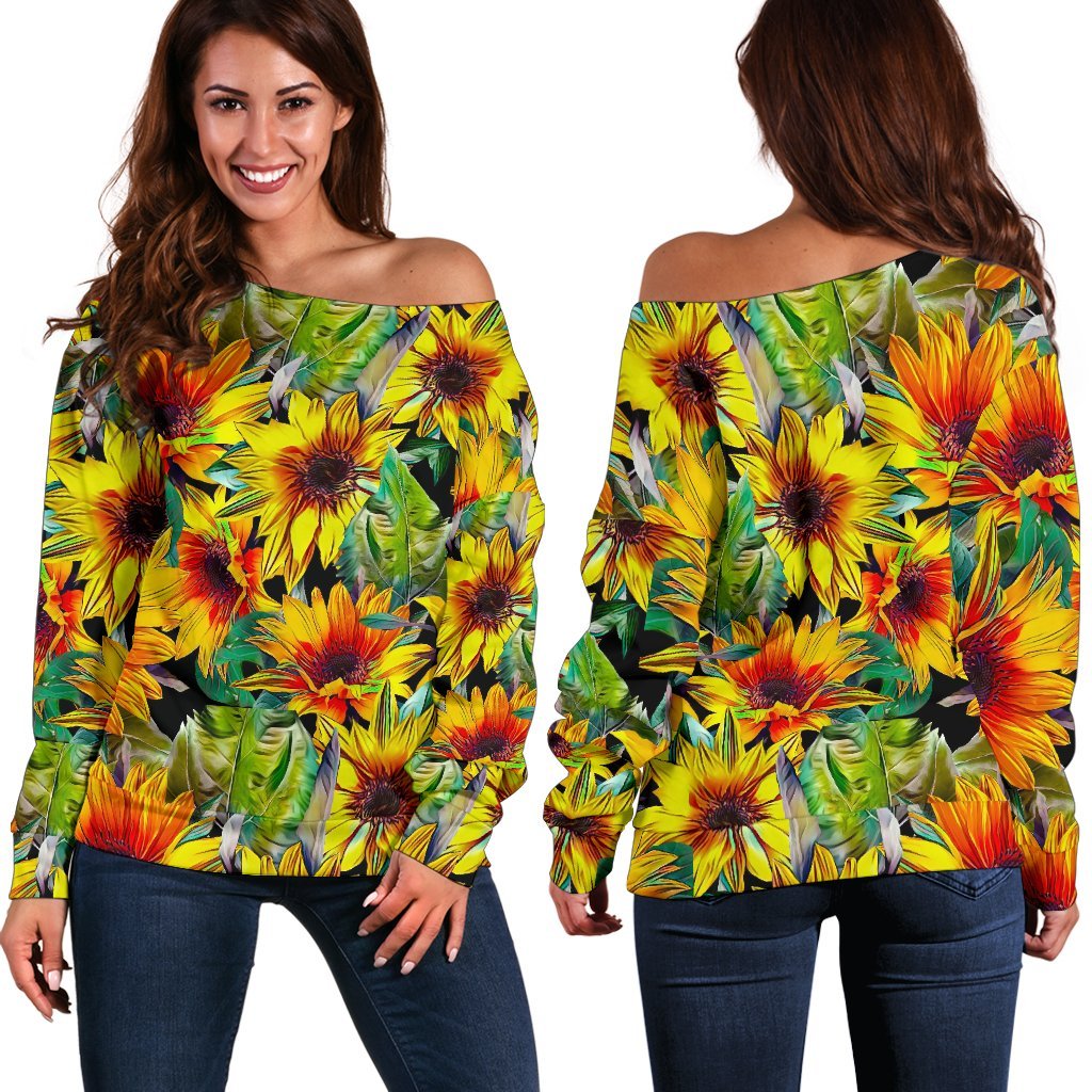 Autumn Sunflower Pattern Print Women's Off-Shoulder Sweatshirt