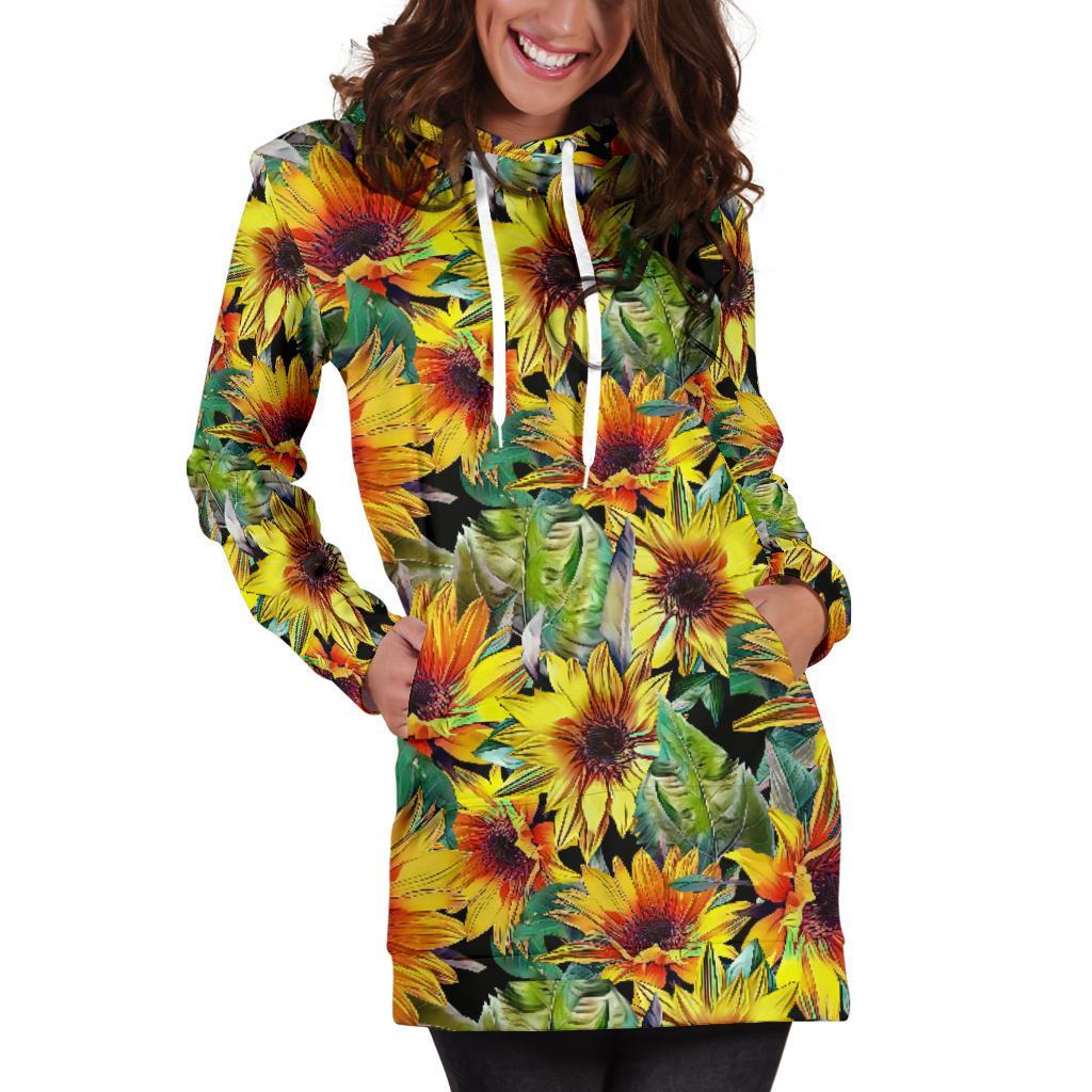 Autumn Sunflower Pattern Print Women's Pullover Hoodie Dress