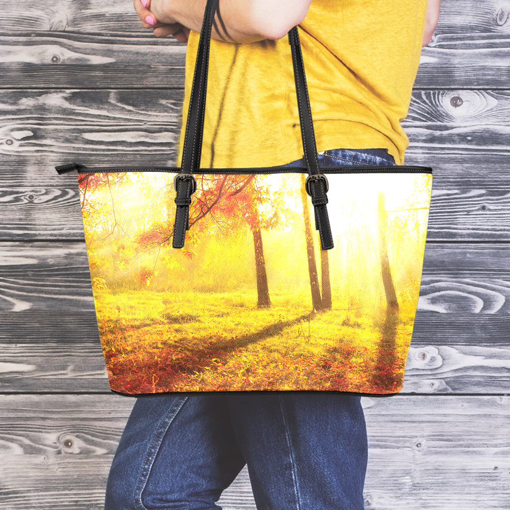 Autumn Trees Print Leather Tote Bag