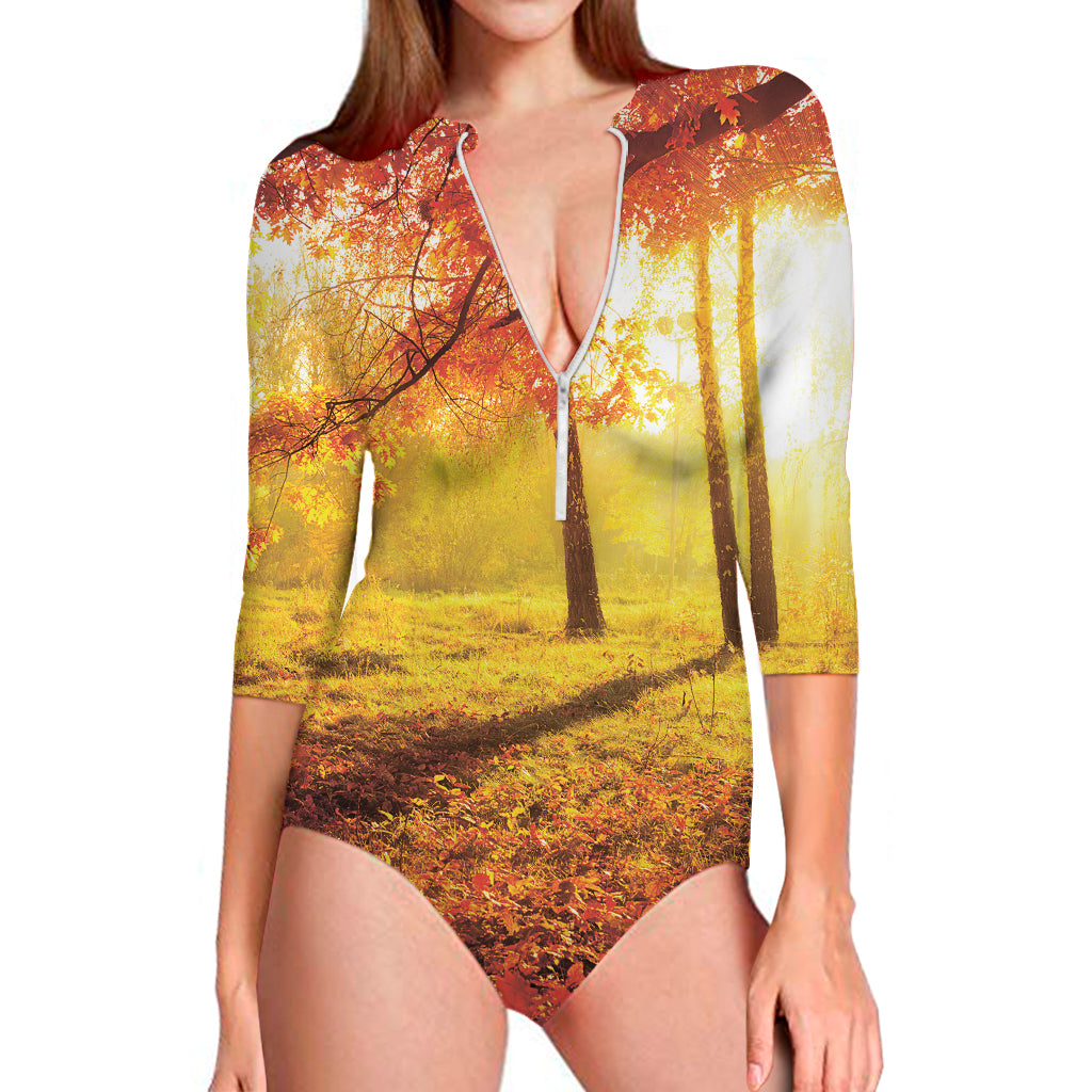 Autumn Trees Print Long Sleeve One Piece Swimsuit