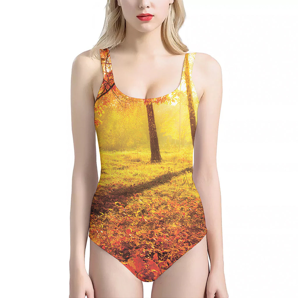 Autumn Trees Print One Piece Halter Neck Swimsuit