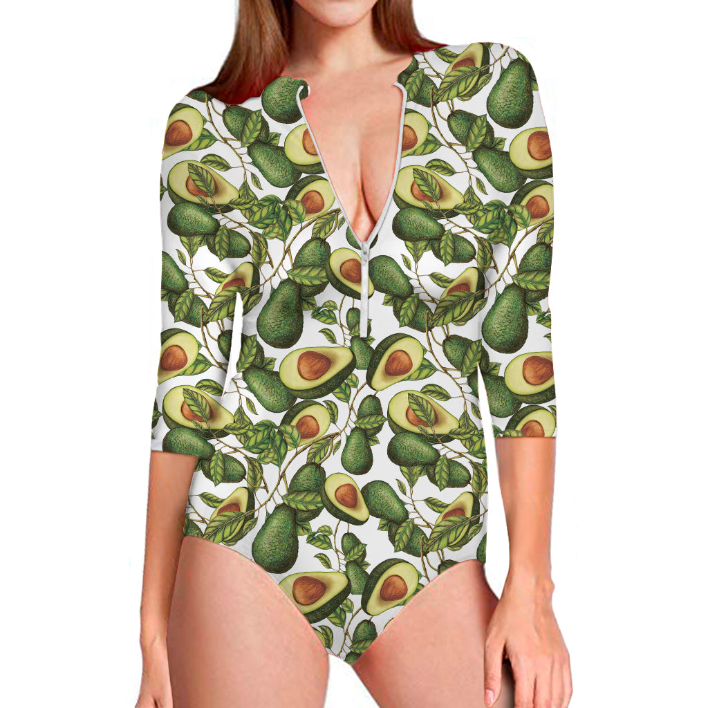 Avocado Cut In Half Drawing Print Long Sleeve One Piece Swimsuit