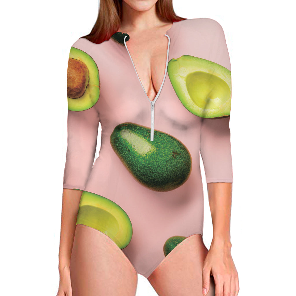 Avocado Cut In Half Pattern Print Long Sleeve One Piece Swimsuit