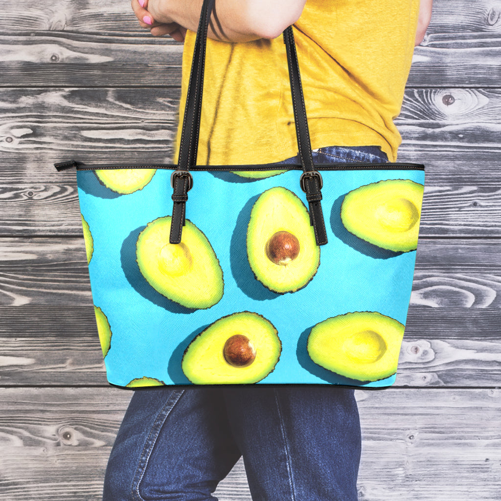 Avocado Cut In Half Print Leather Tote Bag