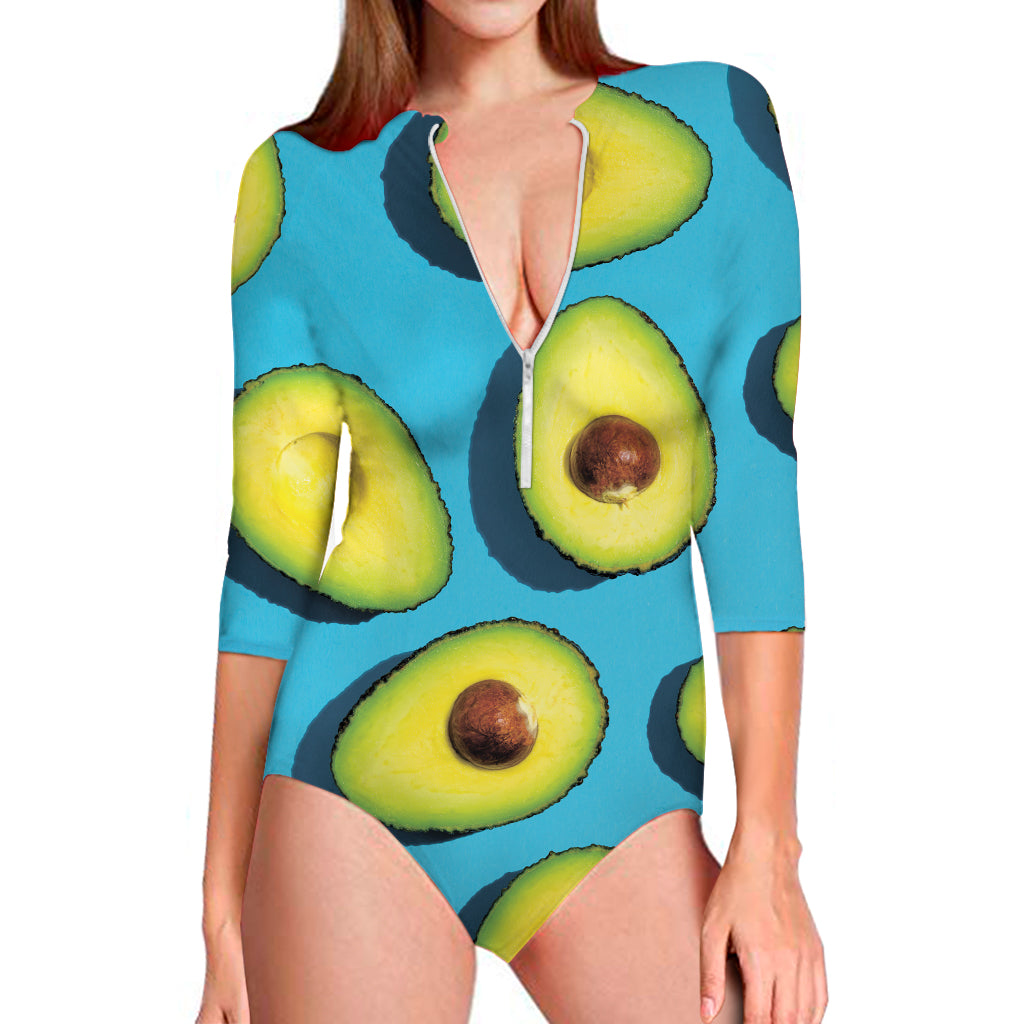 Avocado Cut In Half Print Long Sleeve One Piece Swimsuit