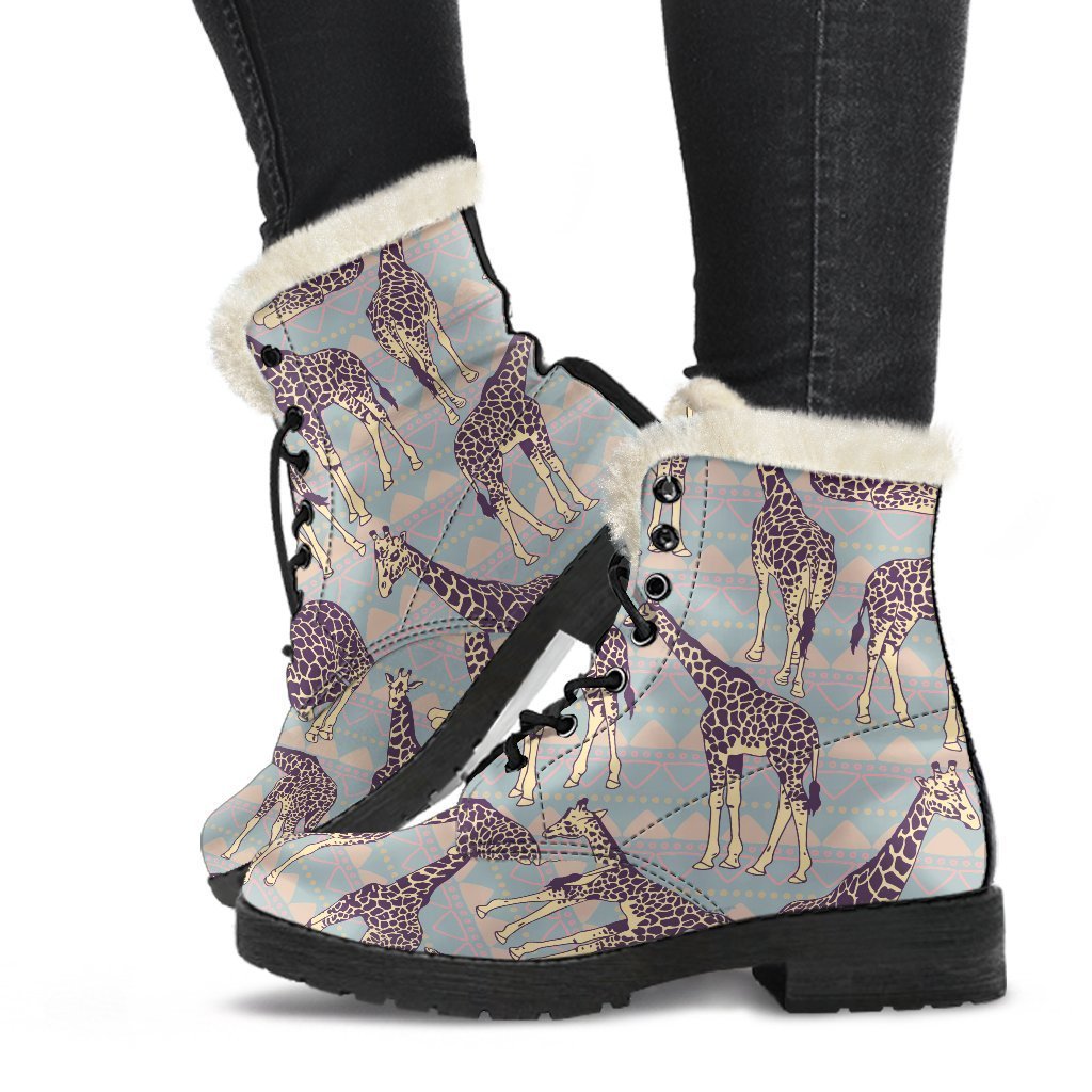 Aztec Giraffe Pattern Print Faux Fur Leather Boots