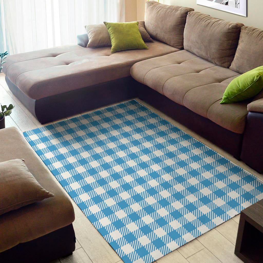 Azure Blue And White Gingham Print Area Rug