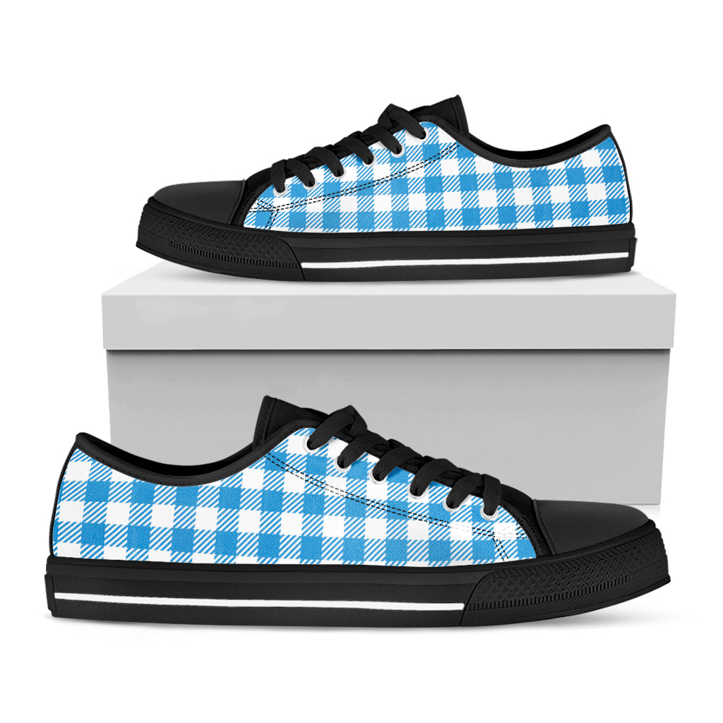 Azure Blue And White Gingham Print Black Low Top Shoes