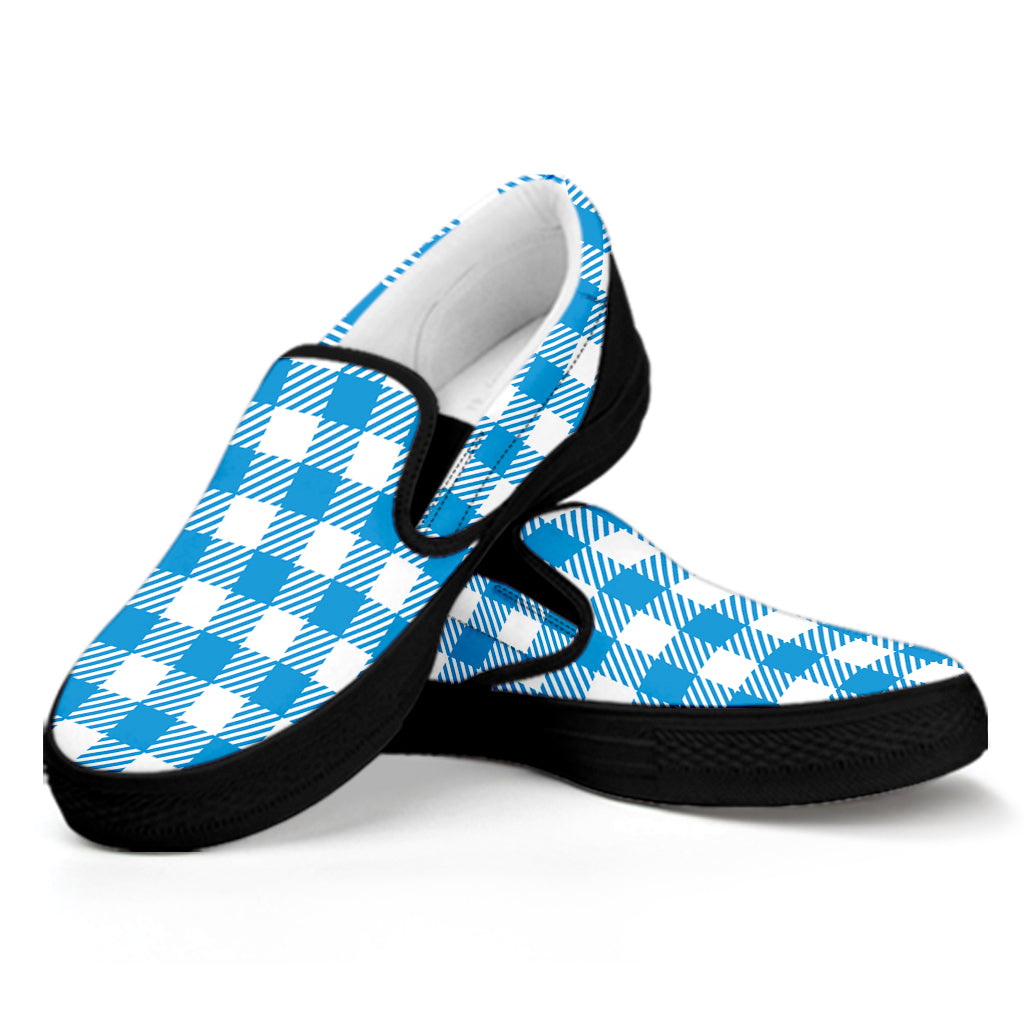 Azure Blue And White Gingham Print Black Slip On Shoes