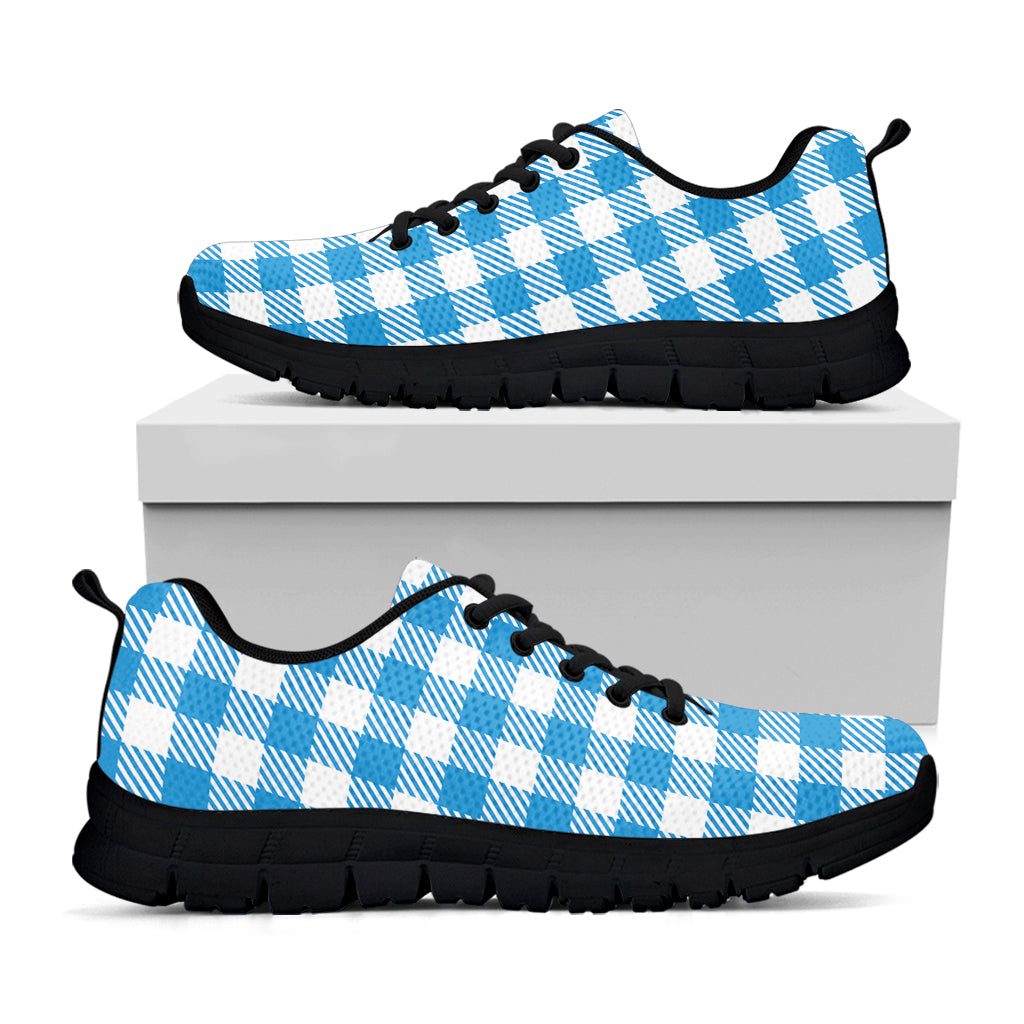Azure Blue And White Gingham Print Black Sneakers
