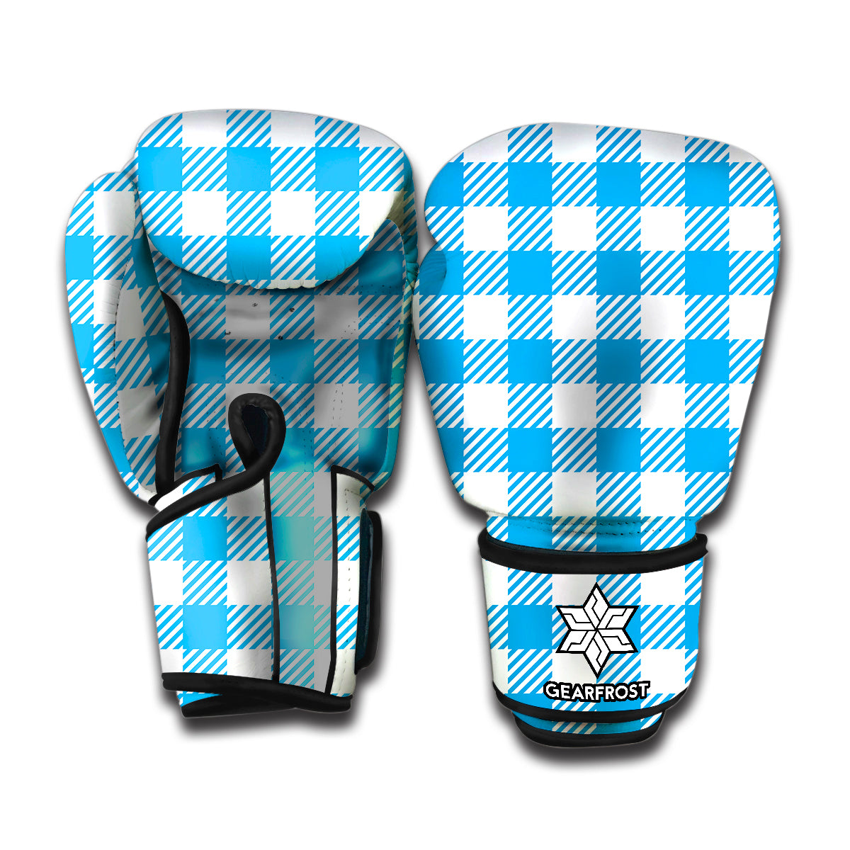 Azure Blue And White Gingham Print Boxing Gloves