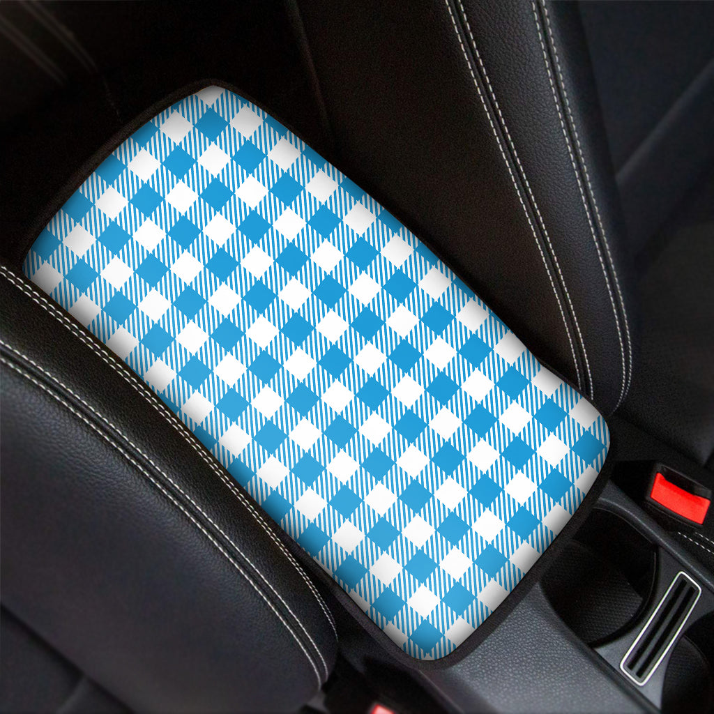 Azure Blue And White Gingham Print Car Center Console Cover