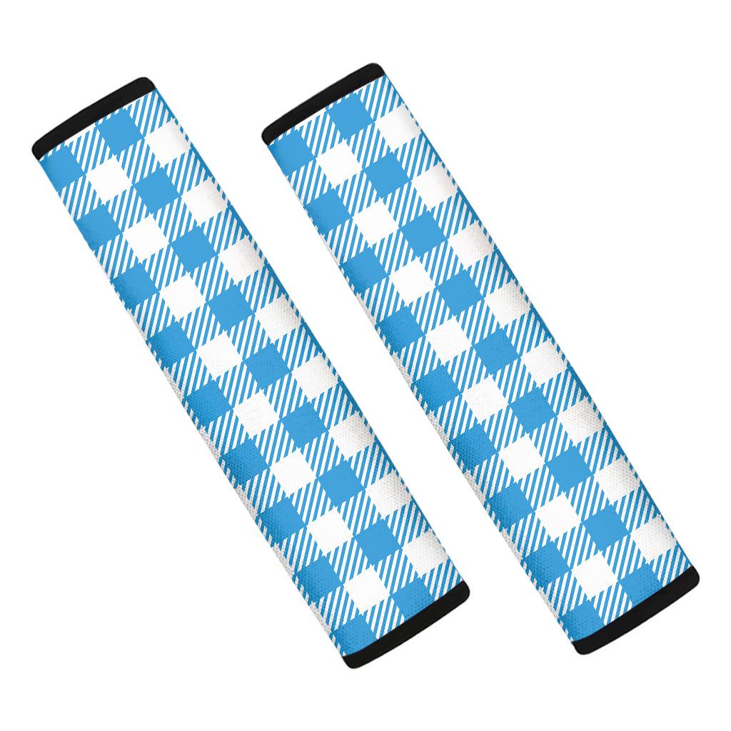 Azure Blue And White Gingham Print Car Seat Belt Covers
