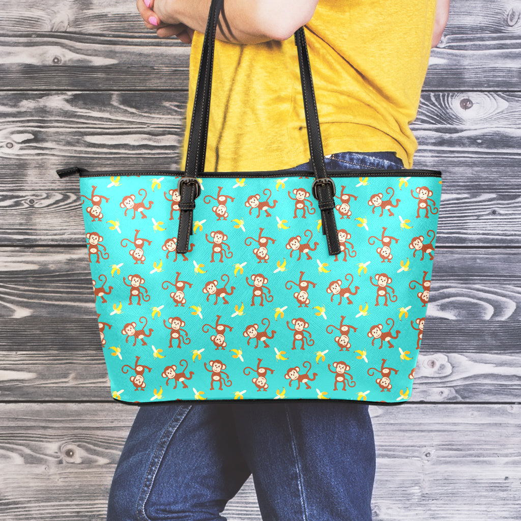 Banana And Monkey Pattern Print Leather Tote Bag