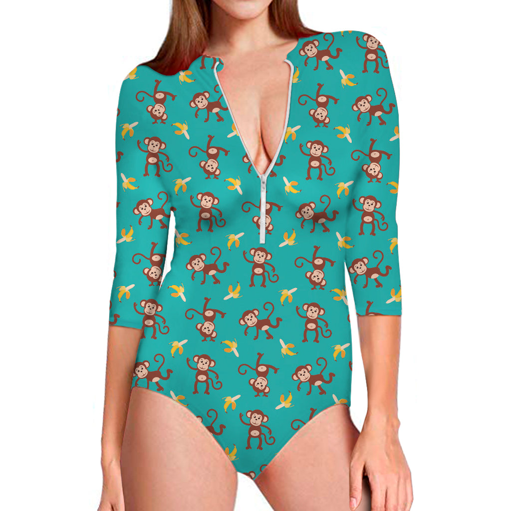 Banana And Monkey Pattern Print Long Sleeve One Piece Swimsuit