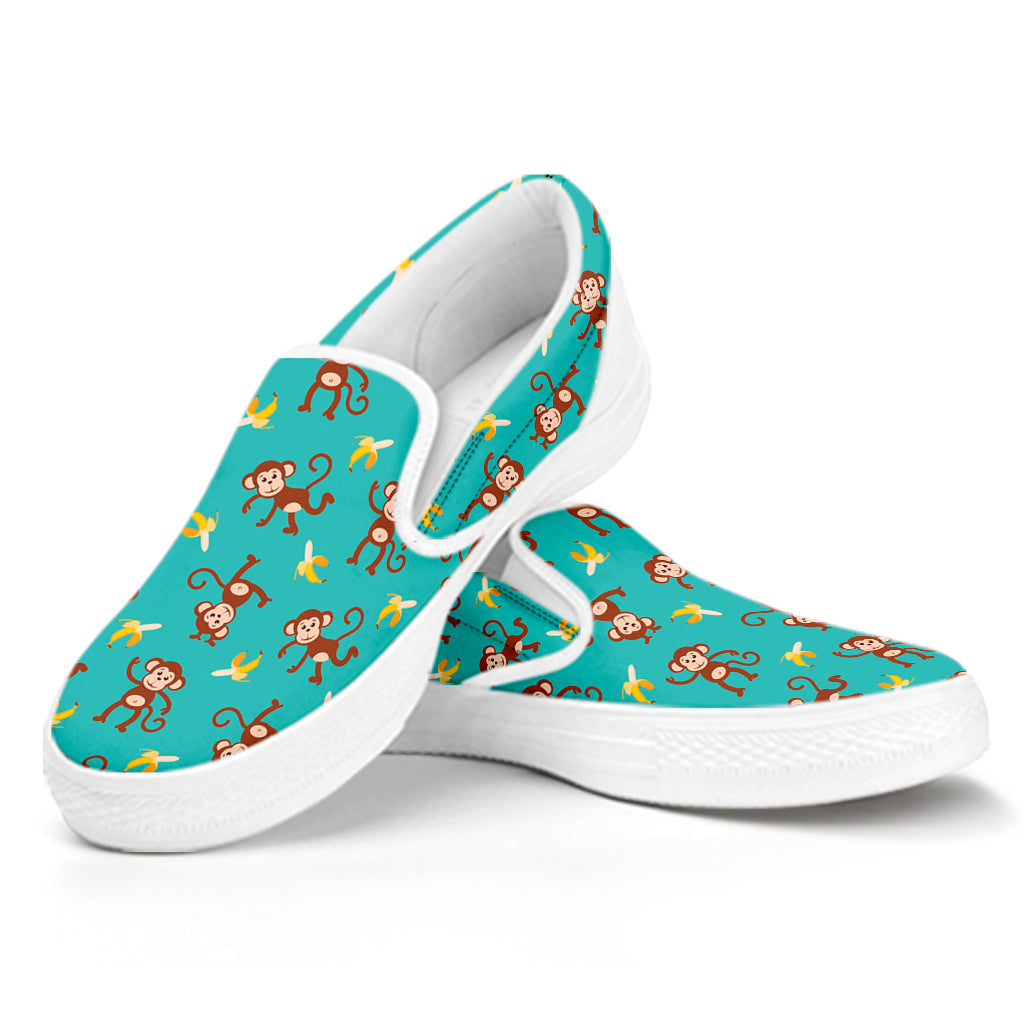 Banana And Monkey Pattern Print White Slip On Shoes