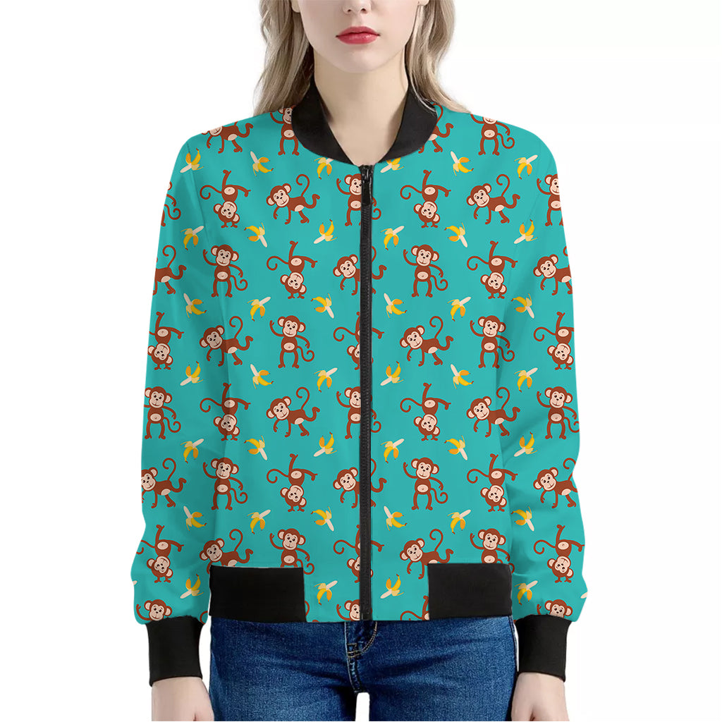 Banana And Monkey Pattern Print Women's Bomber Jacket