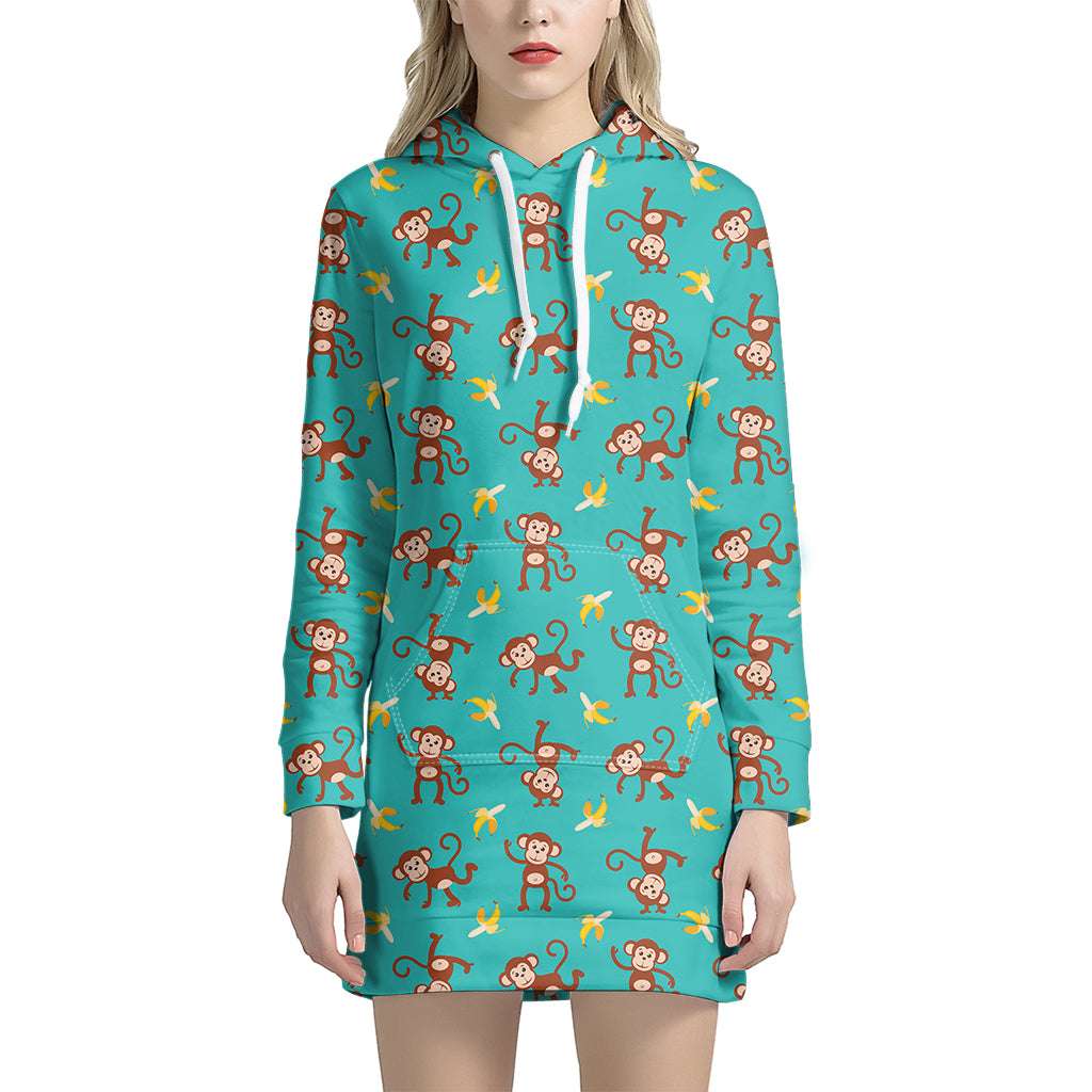 Banana And Monkey Pattern Print Women's Pullover Hoodie Dress