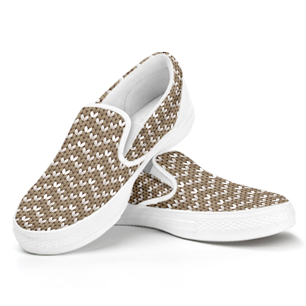 Beige And White Knitted Pattern Print White Slip On Shoes