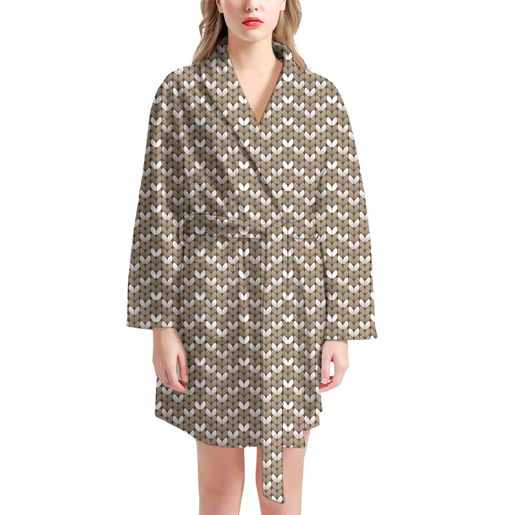 Beige And White Knitted Pattern Print Women's Bathrobe