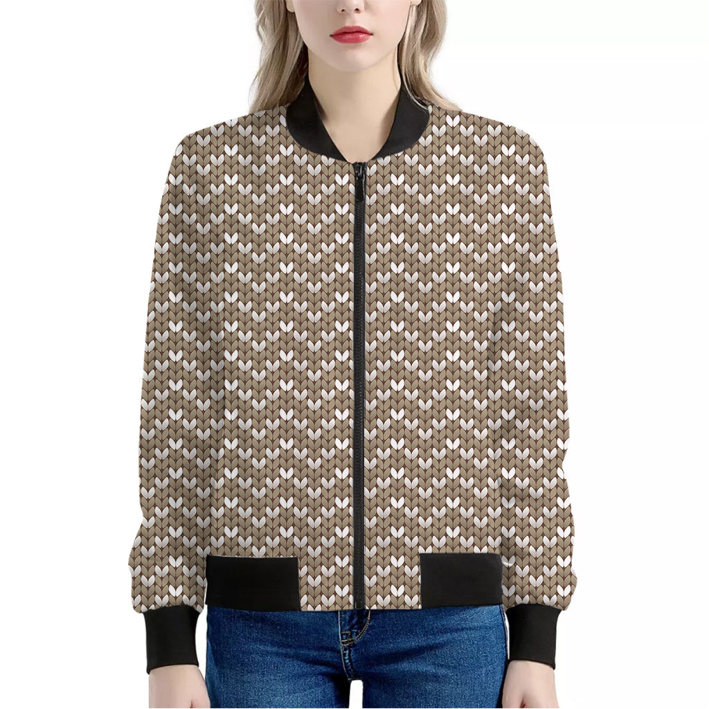 Beige And White Knitted Pattern Print Women's Bomber Jacket