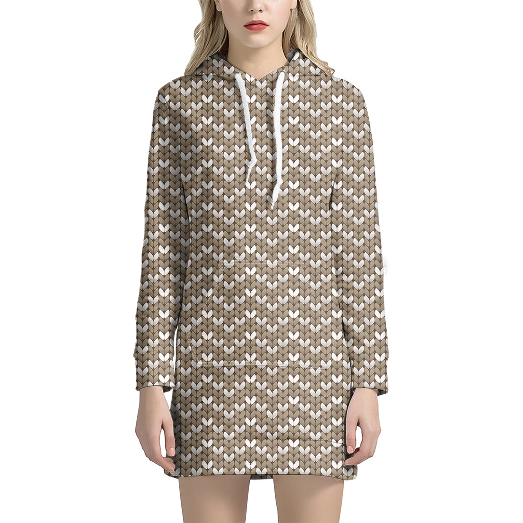 Beige And White Knitted Pattern Print Women's Pullover Hoodie Dress