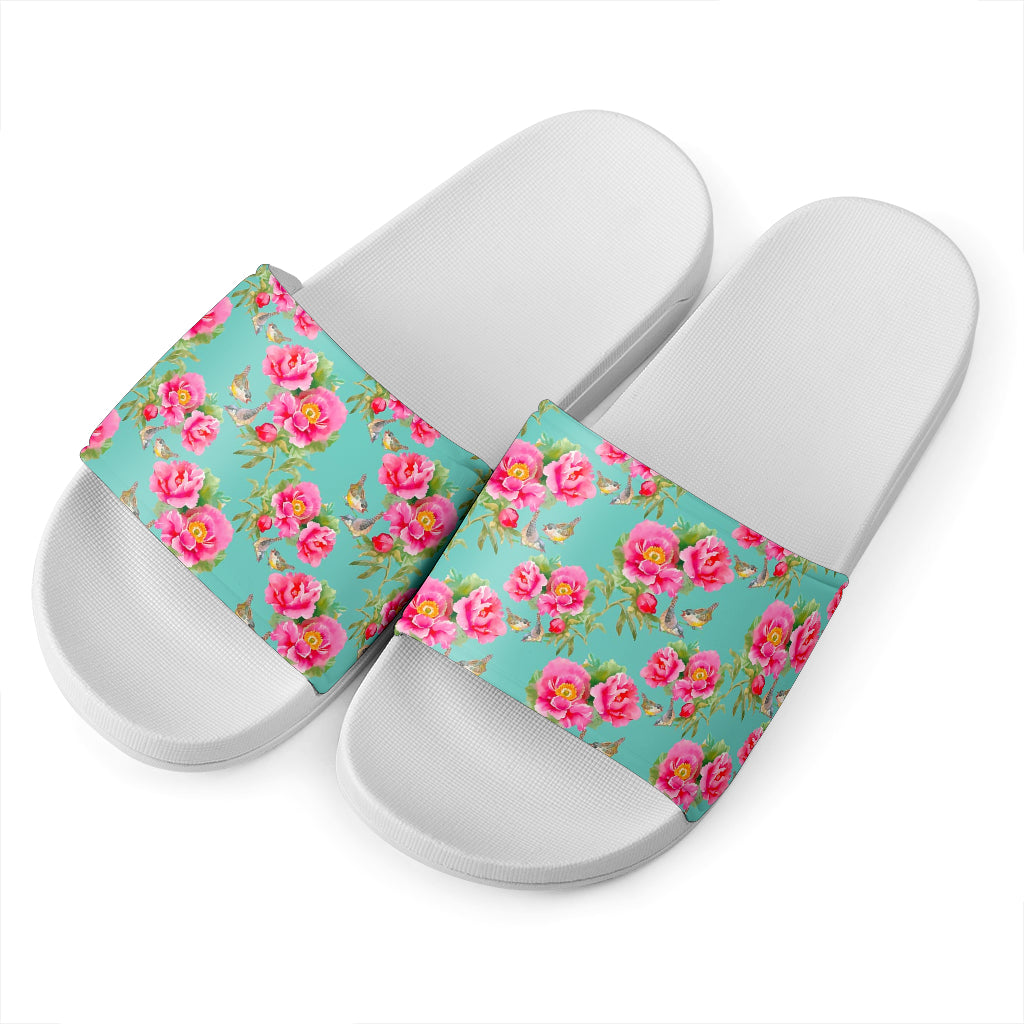 Bird Pink Floral Flower Pattern Print White Slide Sandals