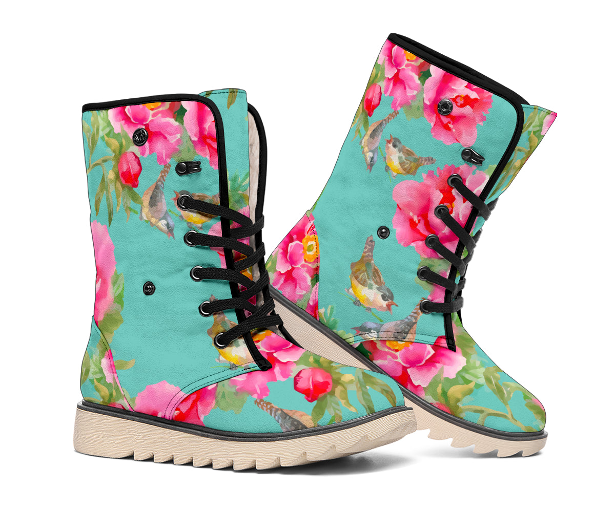 Bird Pink Floral Flower Pattern Print Winter Boots