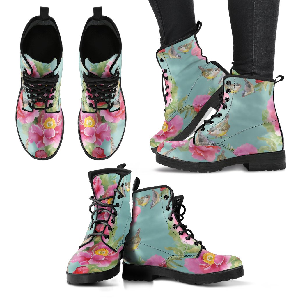 Bird Pink Floral Flower Pattern Print Women's Boots