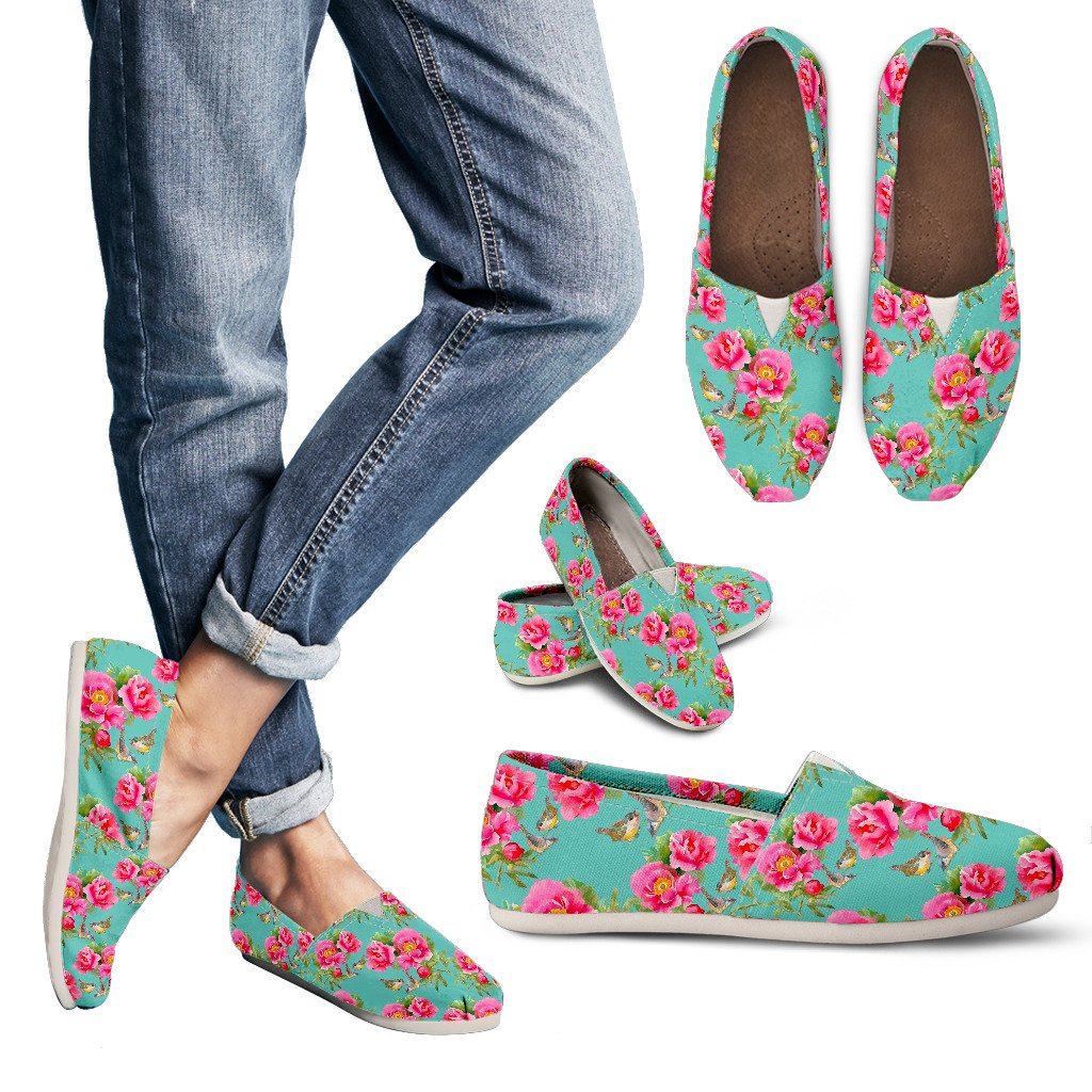Bird Pink Floral Flower Pattern Print Women's Casual Canvas Shoes