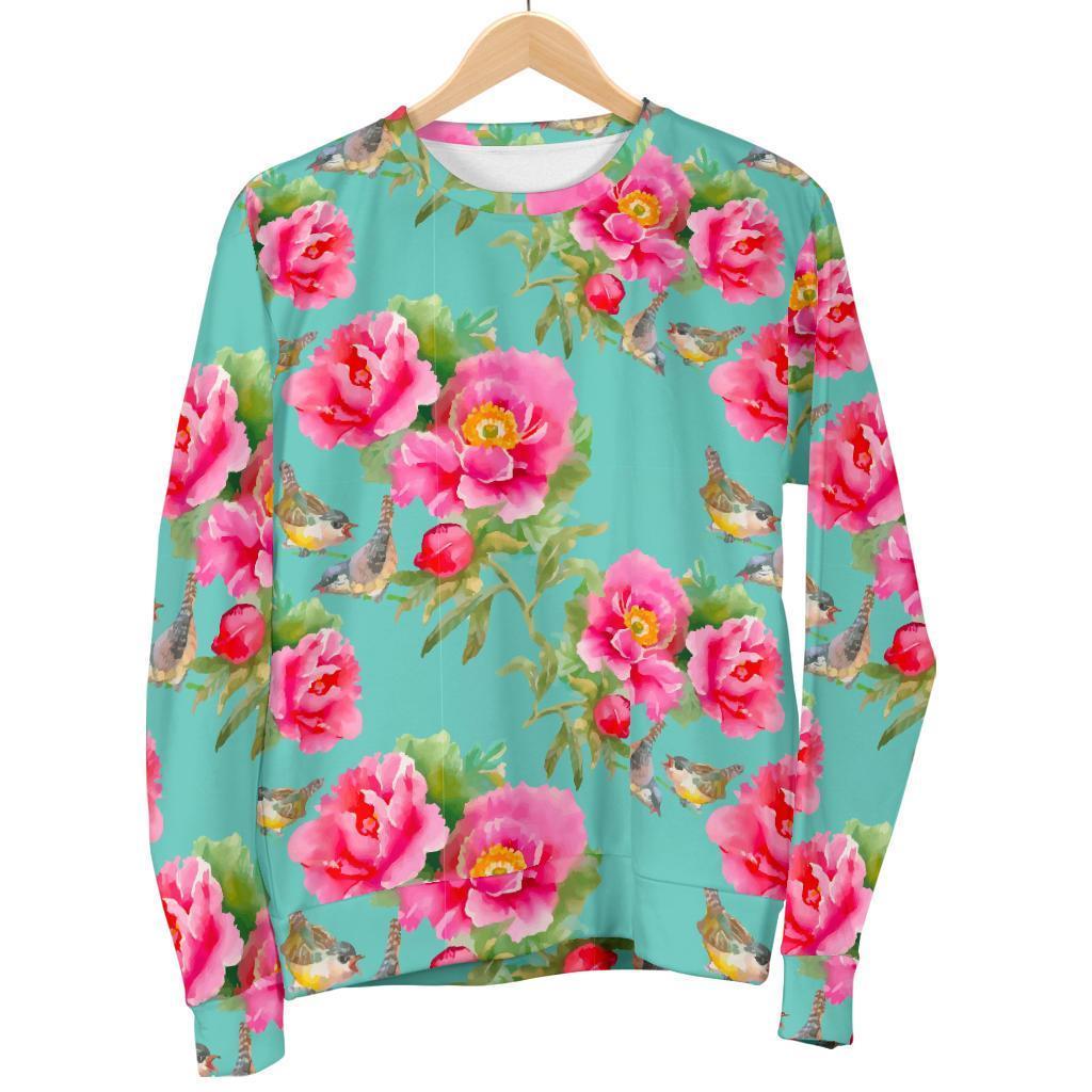Bird Pink Floral Flower Pattern Print Women's Crewneck Sweatshirt