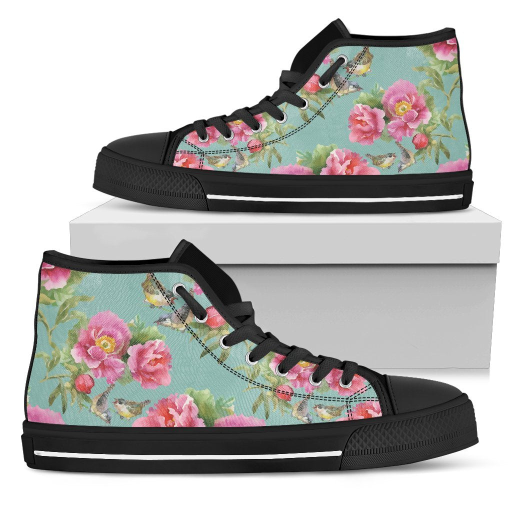 Bird Pink Floral Flower Pattern Print Women's High Top Shoes