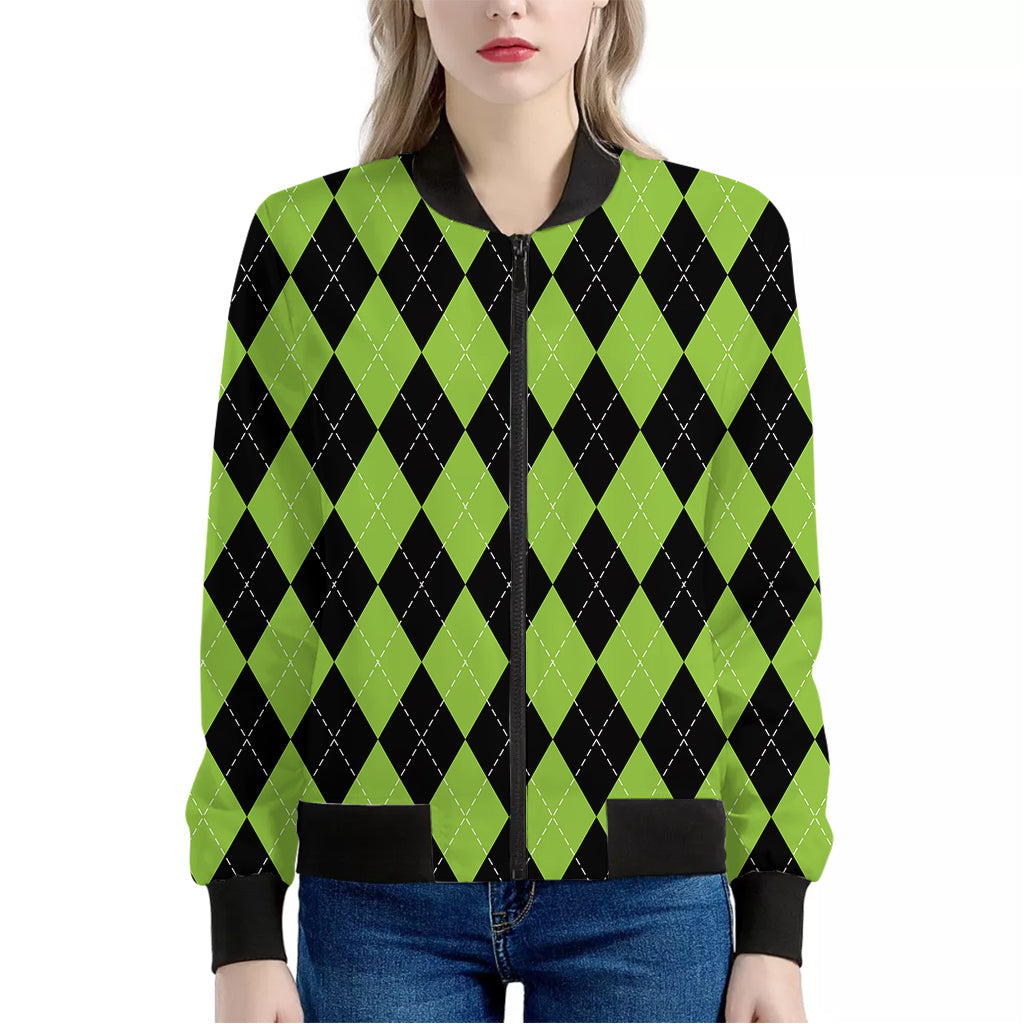 Black And Green Argyle Pattern Print Women's Bomber Jacket