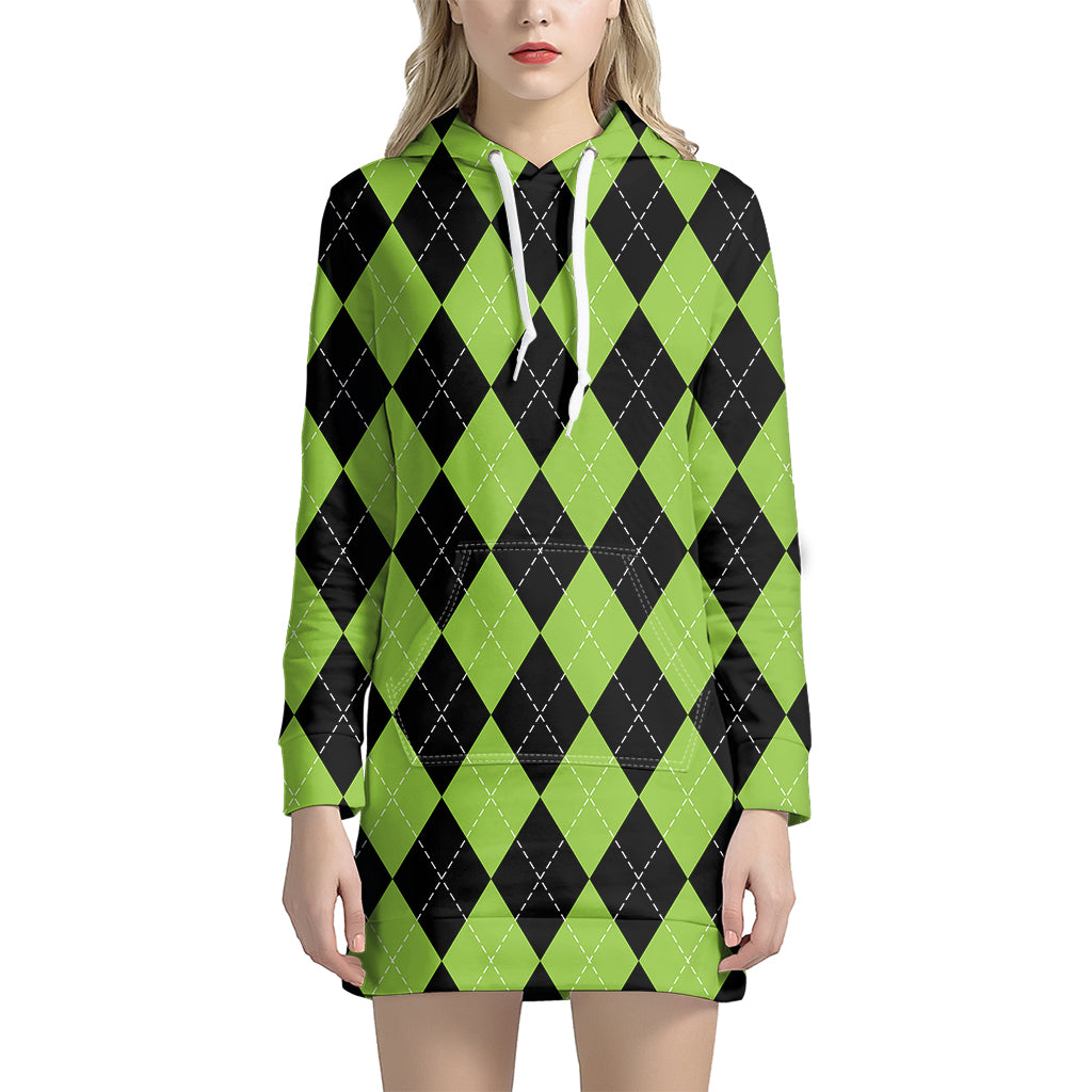 Black And Green Argyle Pattern Print Women's Pullover Hoodie Dress