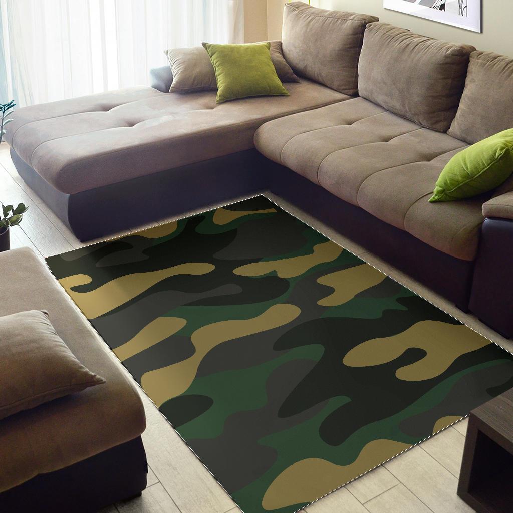 Black And Green Camouflage Print Area Rug