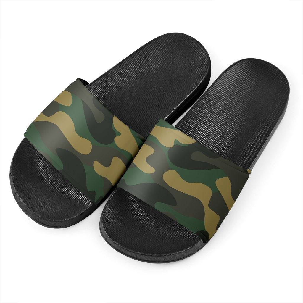 Black And Green Camouflage Print Black Slide Sandals