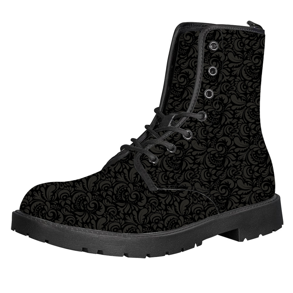 Black And Grey Western Floral Print Leather Boots