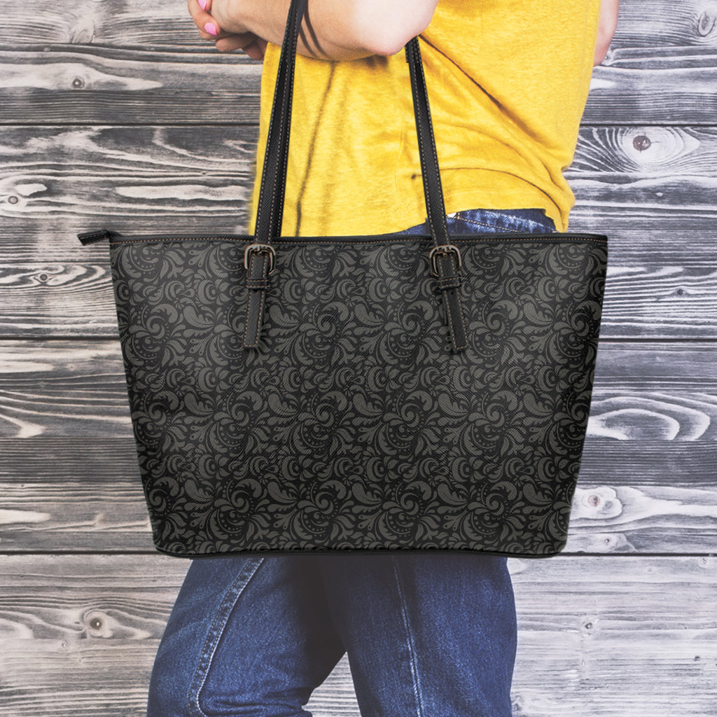 Black And Grey Western Floral Print Leather Tote Bag