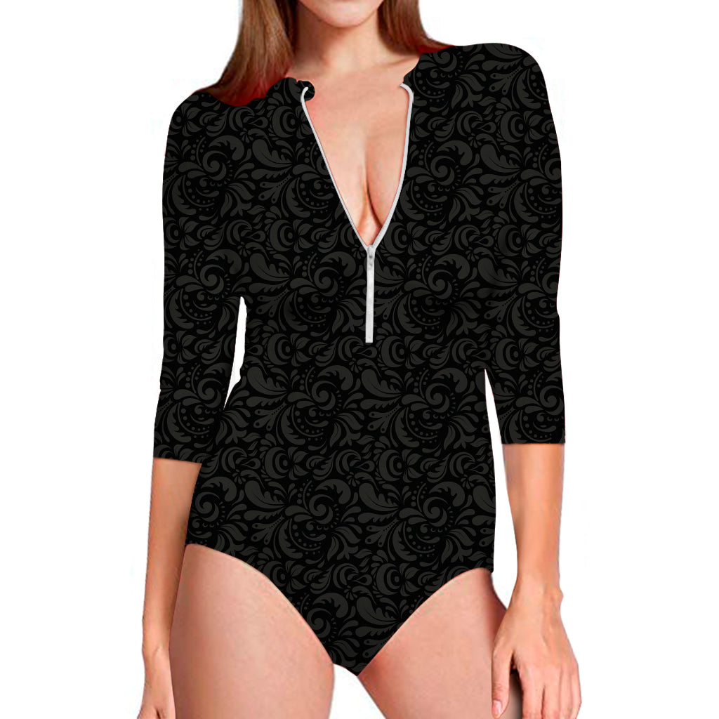 Black And Grey Western Floral Print Long Sleeve One Piece Swimsuit