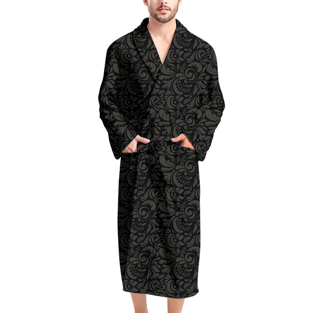 Black And Grey Western Floral Print Men's Bathrobe