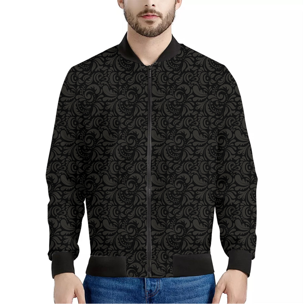 Black And Grey Western Floral Print Men's Bomber Jacket