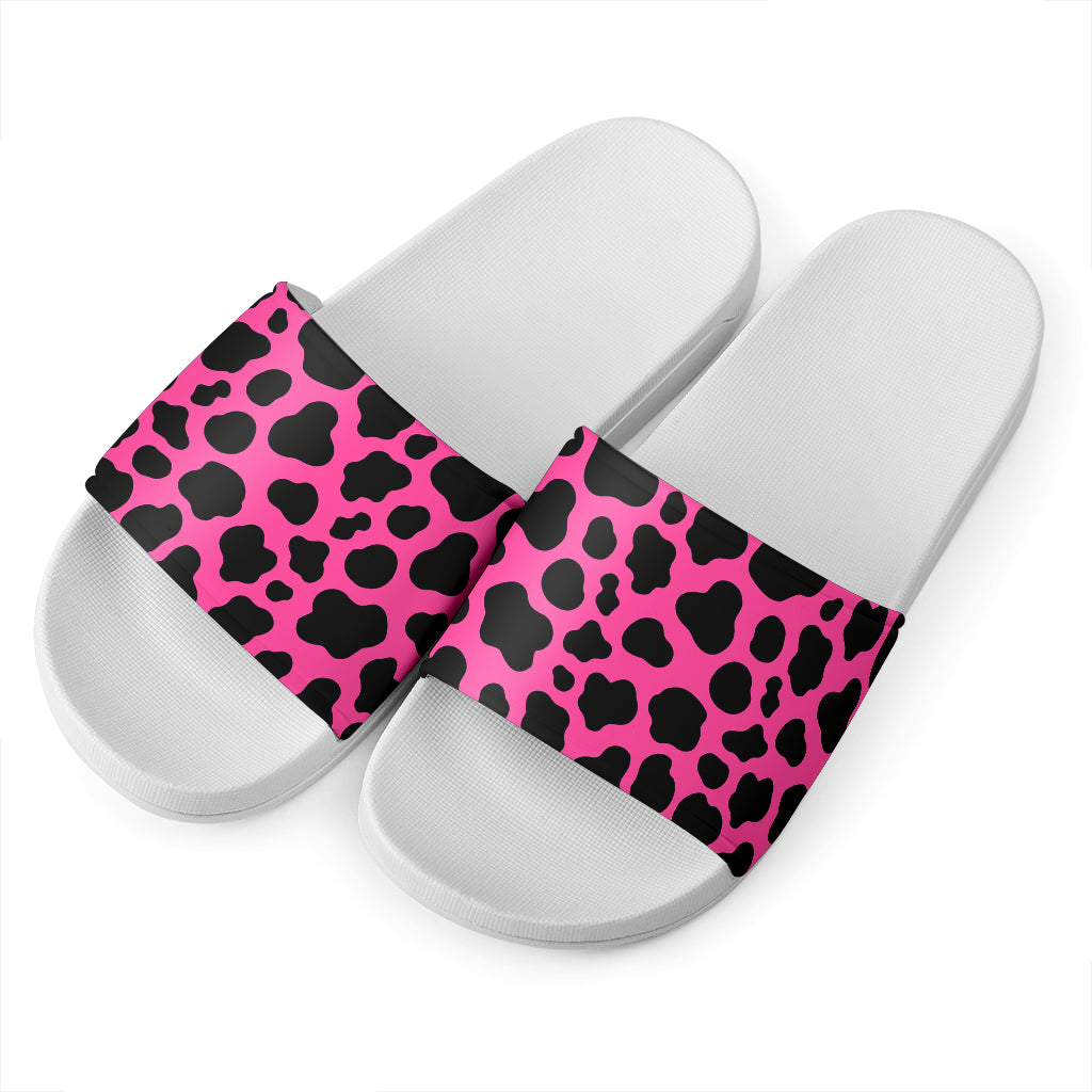 Black And Hot Pink Cow Print White Slide Sandals