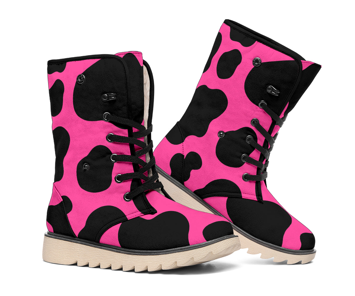 Black And Hot Pink Cow Print Winter Boots