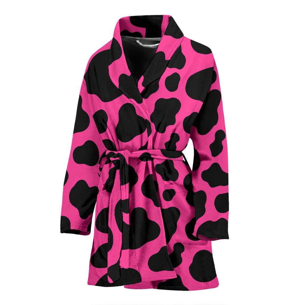 Black And Hot Pink Cow Print Women's Bathrobe