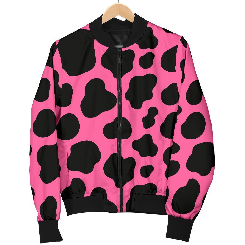 Black And Hot Pink Cow Print Women's Bomber Jacket