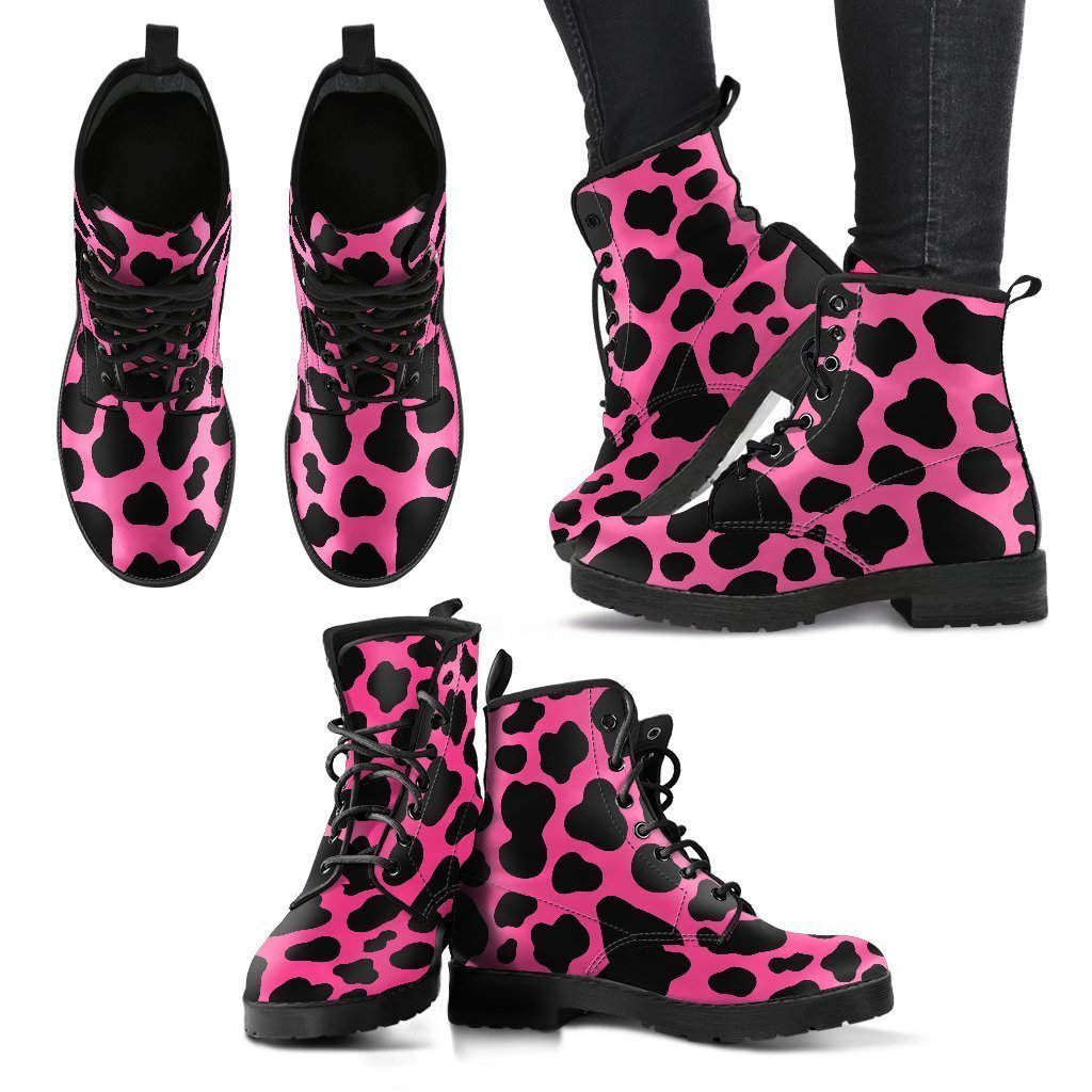 Black And Hot Pink Cow Print Women's Boots