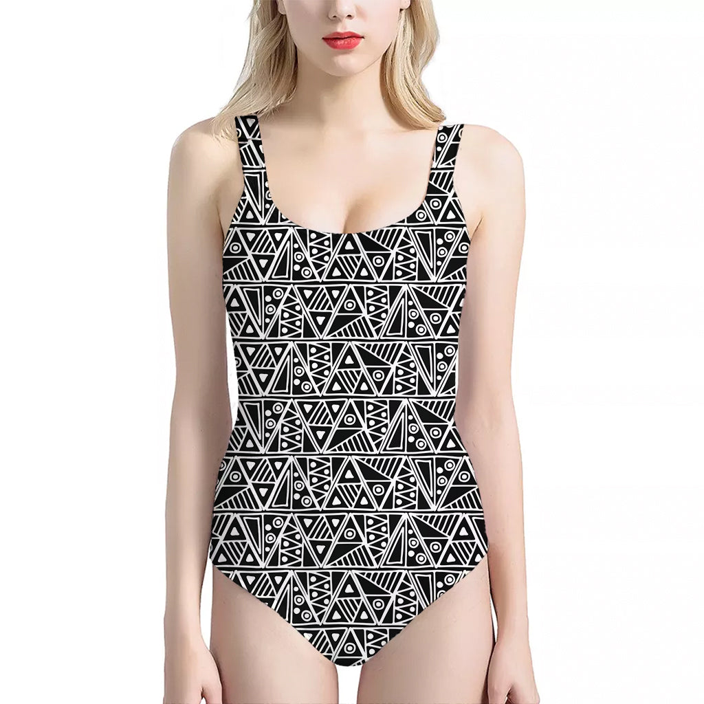 Black And White African Ethnic Print One Piece Halter Neck Swimsuit