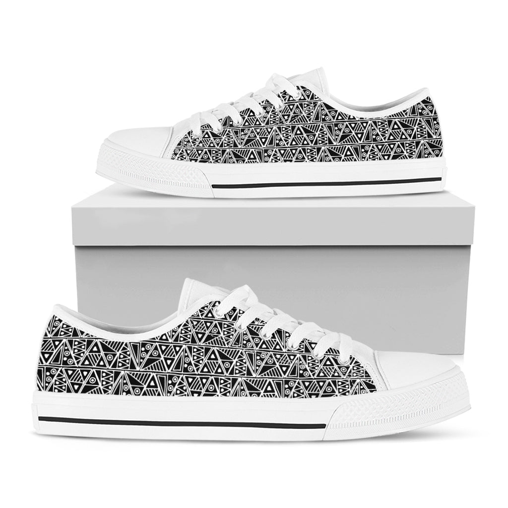 Black And White African Ethnic Print White Low Top Shoes
