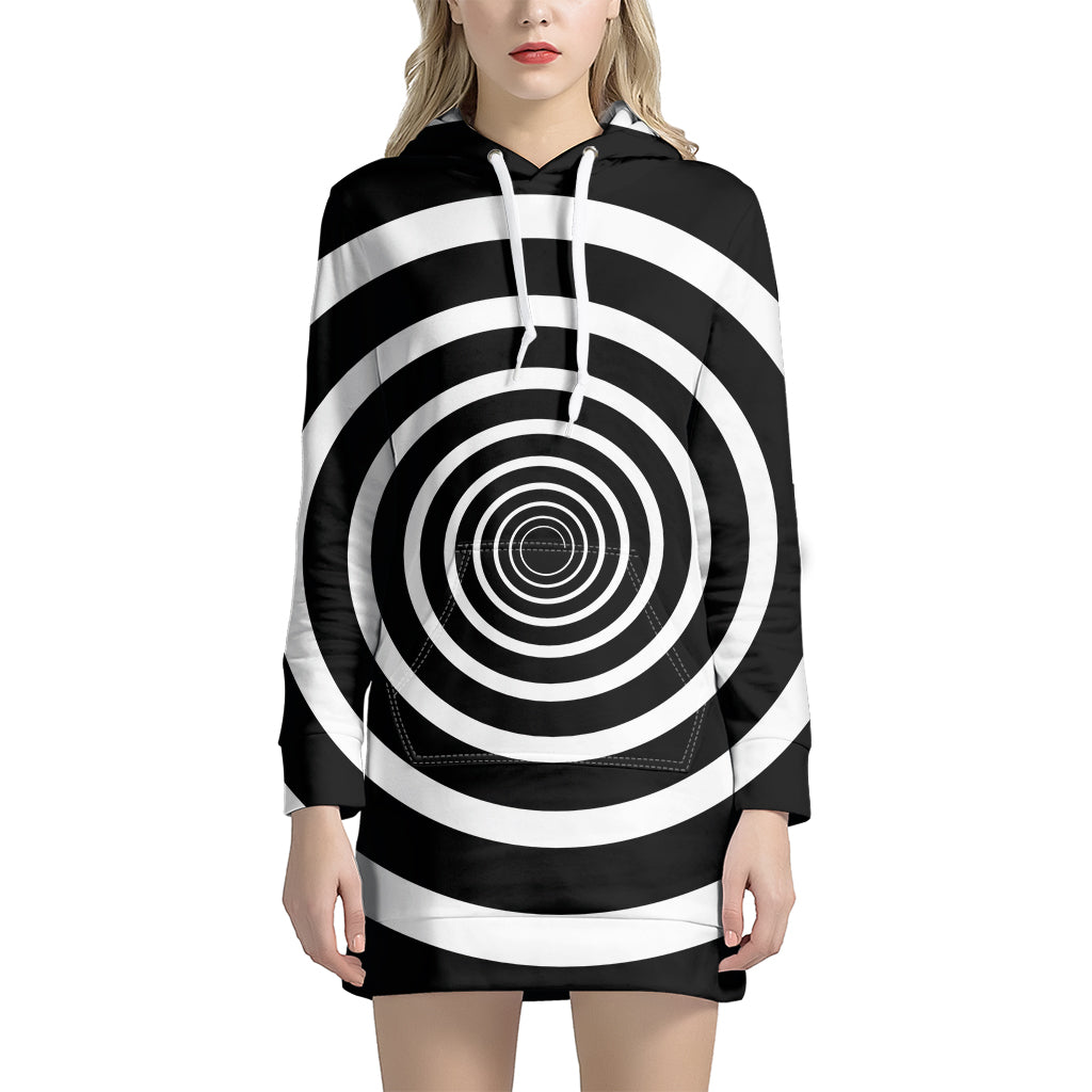 Black And White Circle Swirl Print Women's Pullover Hoodie Dress