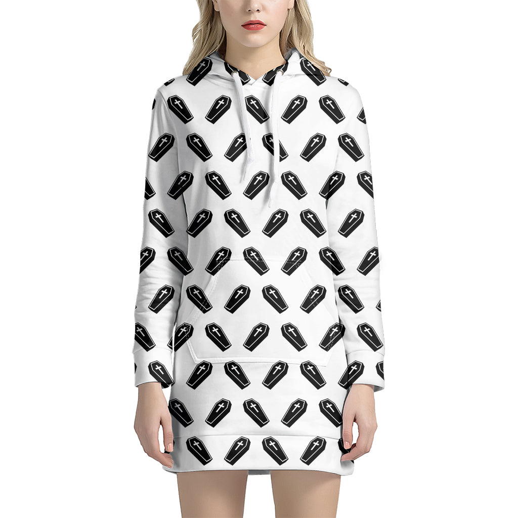 Black And White Coffin Pattern Print Women's Pullover Hoodie Dress